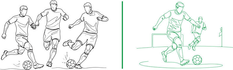 A dynamic vector set of male soccer players in action, featuring black line art of athletes dribbling and kicking, alongside a green minimalist illustration of a player on the field. © Muhammad