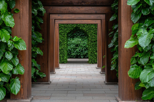 Wooden pergola with green leaves and stone pathway creating peaceful garden walkway with natural beauty and calm atmosphere