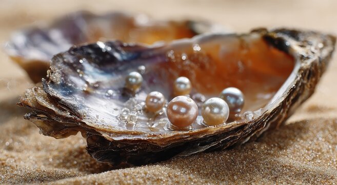 Lustrous Pearls Nestled in Oyster Shells on Sandy Beach, Close-Up.