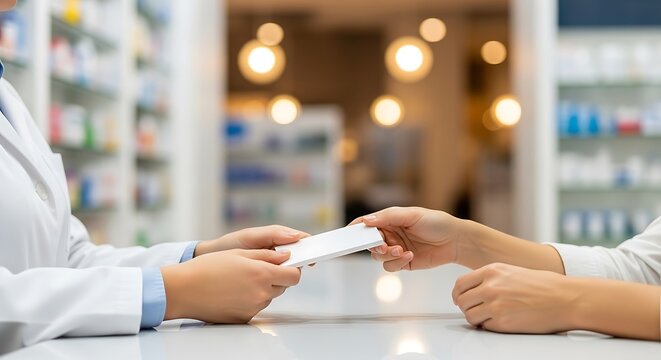Professional Pharmacist in White Coat Handing Over Prescription Medication to Customer in Bright Pharmacy with Medicine Shelves