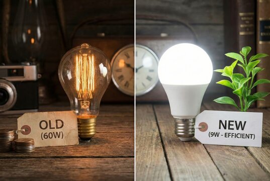 Side by side comparison of a dim 60W incandescent light and a bright 9W LED energy saving bulb