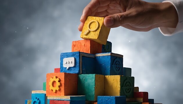 Hand placing yellow block with magnifying glass symbol on colorful block tower