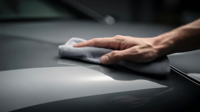 A hand cleaning a car's surface with a microfiber cloth.