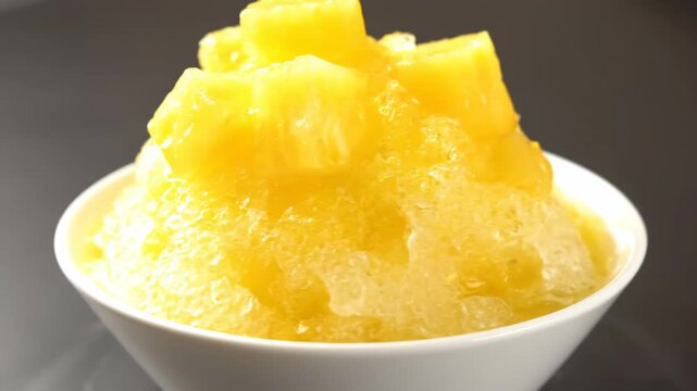 Refreshing pineapple shaved ice dessert served in a white bowl against a dark background, close-up studio shot of tropical kakigori or granita.