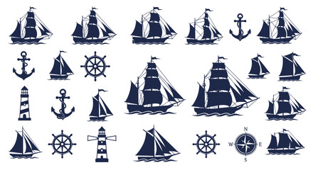 Nautical Icons: Silhouette Set of Ships, Anchors, Lighthouses, and Compasses © Korek