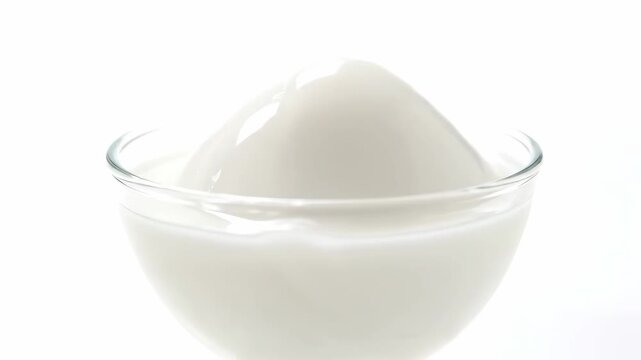 Creamy white dessert pudding or panna cotta served in a clear glass bowl, isolated on a high-key white background. minimalist food presentation close-up.