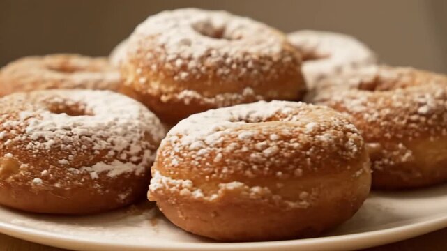Delicious freshly baked yeast donuts covered in powdered sugar, served on a white plate. dessert and sweet food background concept.
