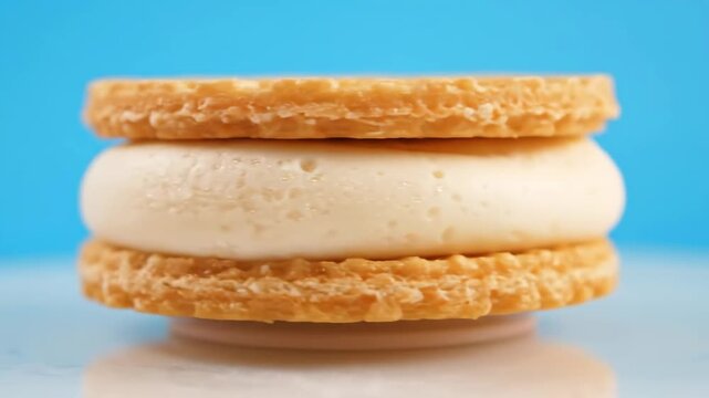 Macro close-up of a waffle cookie ice cream sandwich showing crispy texture and creamy vanilla filling against a soft pink background