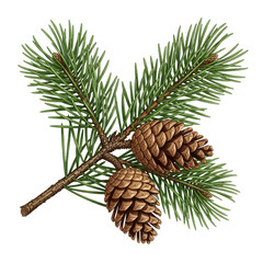 Obraz premium A branch adorned with pine cones and fresh green pine needles against a plain background isolated on white background