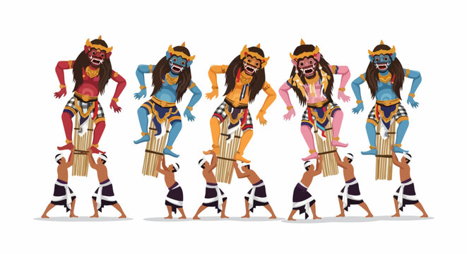 Illustration of Balinese men carrying giant demonic effigies called Ogoh-ogoh during a traditional parade in Bali, Indonesia for the Nyepi celebration.