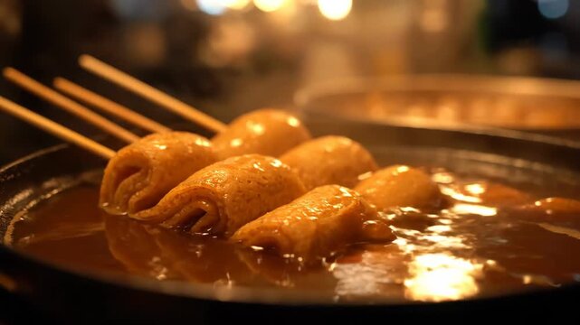 Close-up of delicious korean street food eomuk (fish cake) skewers simmering in hot, savory broth at a traditional night market vendor.