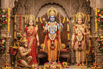 Fototapeta premium Ram Darbar idols in traditional Hindu temple for Ram Navami celebration