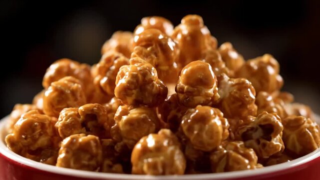 Close-up of mouth-watering gourmet caramel popcorn piled high in a red bowl, coated in sticky sweet brown syrup against a dark background.