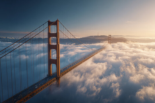 Golden Gate Bridge suspension bridge fog aerial view morning light ocean fog tower cables landscape sky