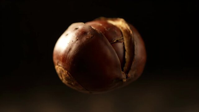 Dramatic close-up of a single cooked chestnut suspended against a deep black background, highlighting the glossy shell and texture in low key light.