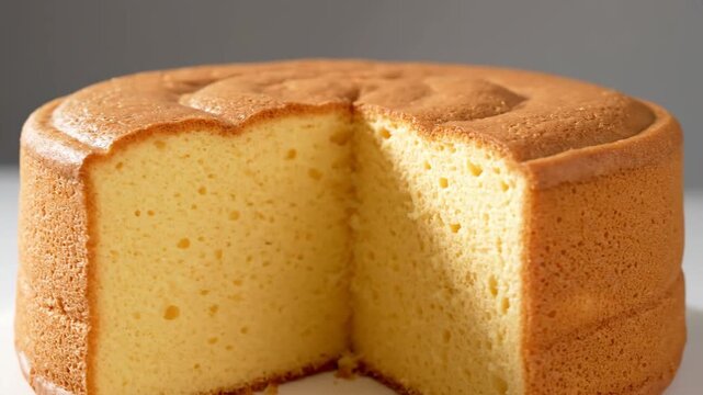 Extreme close-up of airy japanese sponge cake showing porous texture of the light golden crumb. delicious chiffon or castella cake dessert with a slice cut out.