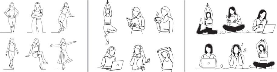 Minimalist vector set of women in various lifestyle poses: yoga, working on laptops, reading, and dancing. Clean black line art silhouettes depicting wellness, productivity, and daily activities.
