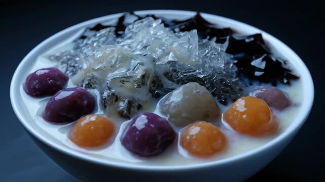 Sweet condensed milk being poured onto a refreshing taiwanese shaved ice dessert (bao bing) featuring colorful taro balls, glossy grass jelly, and crushed ice in a white bowl.