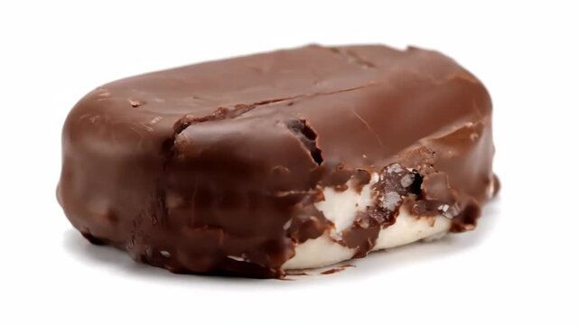 Close-up of chocolate glazed candy bar isolated on white background