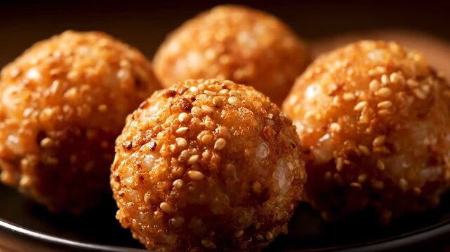 Macro close-up of golden deep-fried chinese sesame balls (jian dui) covered in seeds, served on a dark plate. traditional asian sweet dessert or savory dim sum snack.