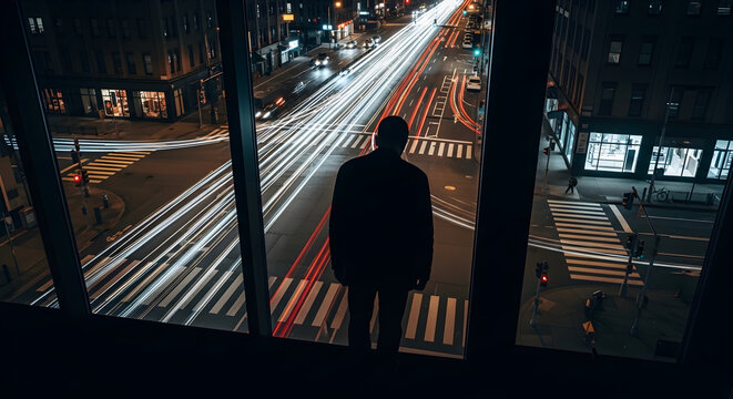 Lone figure silhouetted against a blurred city street at night, observing the fast-moving traffic and urban lights from a high vantage point