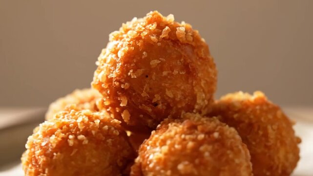 Crispy golden fried dessert balls stacked - macro close up of sweet crunchy snack food