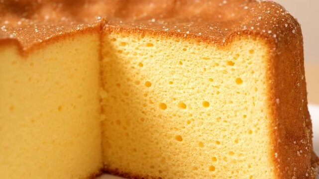 Detailed macro shot of a freshly baked golden sponge cake with an airy, porous crumb texture and sparkling sugar on the caramelized crust.