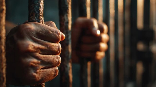 Man gripping prison bars with hands showing tension and desperation  
