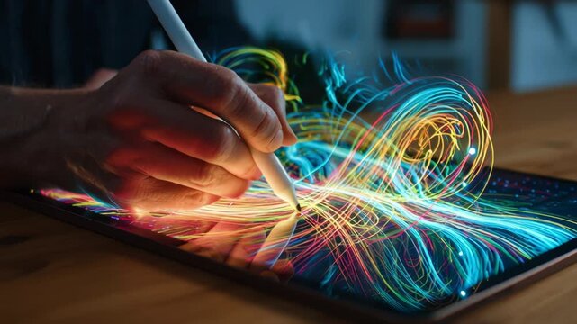 Creative hand drawing colorful patterns on tablet with stylus  