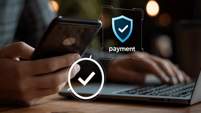 Person making online payment with smartphone and laptop in caf&eacute;  with security shield and checkmark icon 