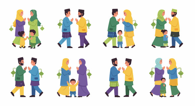 Muslim family greeting character set for Eid al-Fitr celebration with traditional malay attire and symbols