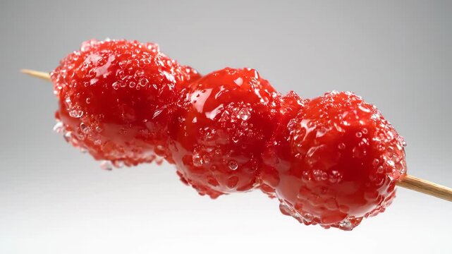 Close-up of traditional chinese tanghulu (bingtanghulu), a skewer of hawthorn berries or cherry tomatoes coated in clear, crystallized sugar syrup, isolated on a light background.