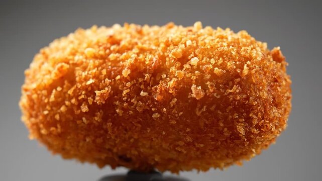 Extreme close-up macro shot of a single golden crispy fried food item, possibly a croquette, chicken nugget, or mozzarella stick, showcasing detailed breadcrumb texture against a gray background.
