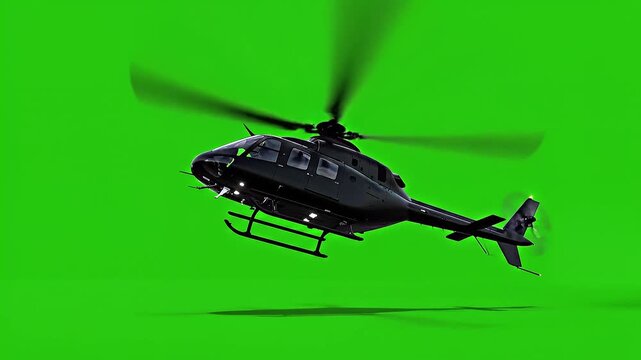 Black Helicopter Flying in Air on Green Screen Background