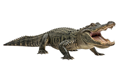 Fototapeta premium Isolated crocodile with open mouth on transparent background, showcasing sharp teeth and textured scales, perfect for wildlife and reptile educational materials, and various design projects