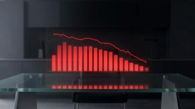 Financial decline and economic crisis represented by a red bar chart on a glass screen