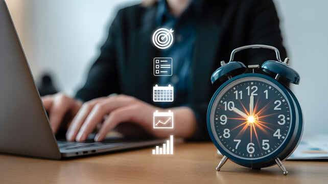 Businessman working on laptop with alarm clock