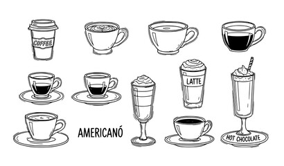 Obraz premium Hand drawn hot drinks coffee tea doodle vector set