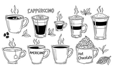 Obraz premium Hot beverage coffee tea doodle vector illustration set