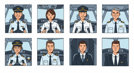 Collection of diverse airplane pilot and crew member avatars in cockpit settings vector illustration © Maya