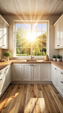 A photo of an empty wooden countertop in a bright kitchen with white cabinets and sunbeams streaming through the window