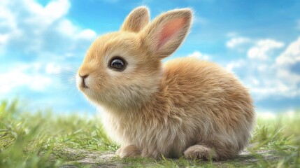 Obraz premium Adorable Baby Rabbit Sitting on Grass Under Clear Blue Sky