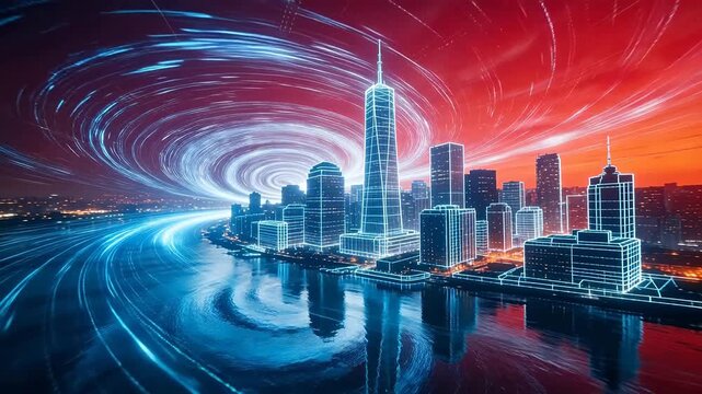 Futuristic city skyline with red vortex light reflection