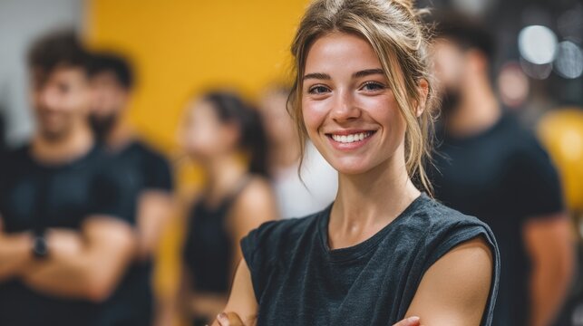 Young woman smiling with blurred group in gym