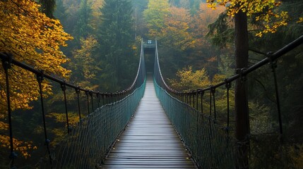 Fototapeta premium Suspended pedestrian bridge amid lush forest in germany, scenic hiking trail landscape