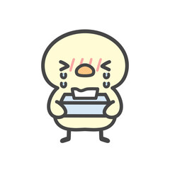 ティッシュ箱を抱えて泣くひよこの手書きイラスト 花粉症やアレルギーで涙と鼻水が出る体調不良のキャラクター © Nitomaru
