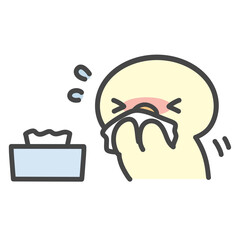 ティッシュで鼻をかむひよこの手書きイラスト 花粉症や風邪で鼻水が出るかわいいキャラクター © Nitomaru