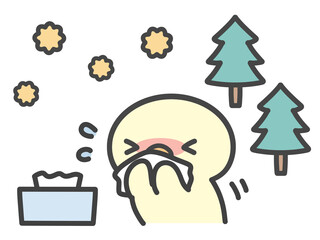 スギ花粉で鼻をかむひよこの手書きイラスト 花粉症やアレルギーで鼻水が出るかわいいキャラクター © Nitomaru