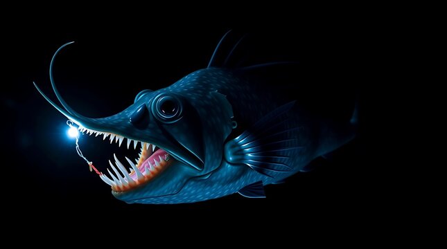 Monstrous anglerfish with glowing lure and sharp teeth hunts in the deep dark ocean, illustration of deep sea predator