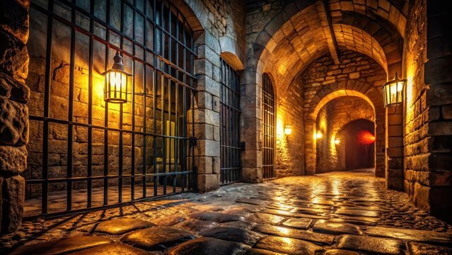 A photo of ancient stone walls, cobblestone floors, and iron bars lining the dungeon cells of Vincennes Castle, dark and foreboding with flickering to